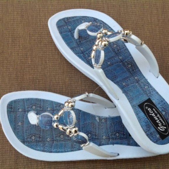 Grandco Shoes - CLOSEOUT WHITE & BLUE DENIM BEADED SANDALS Grandco